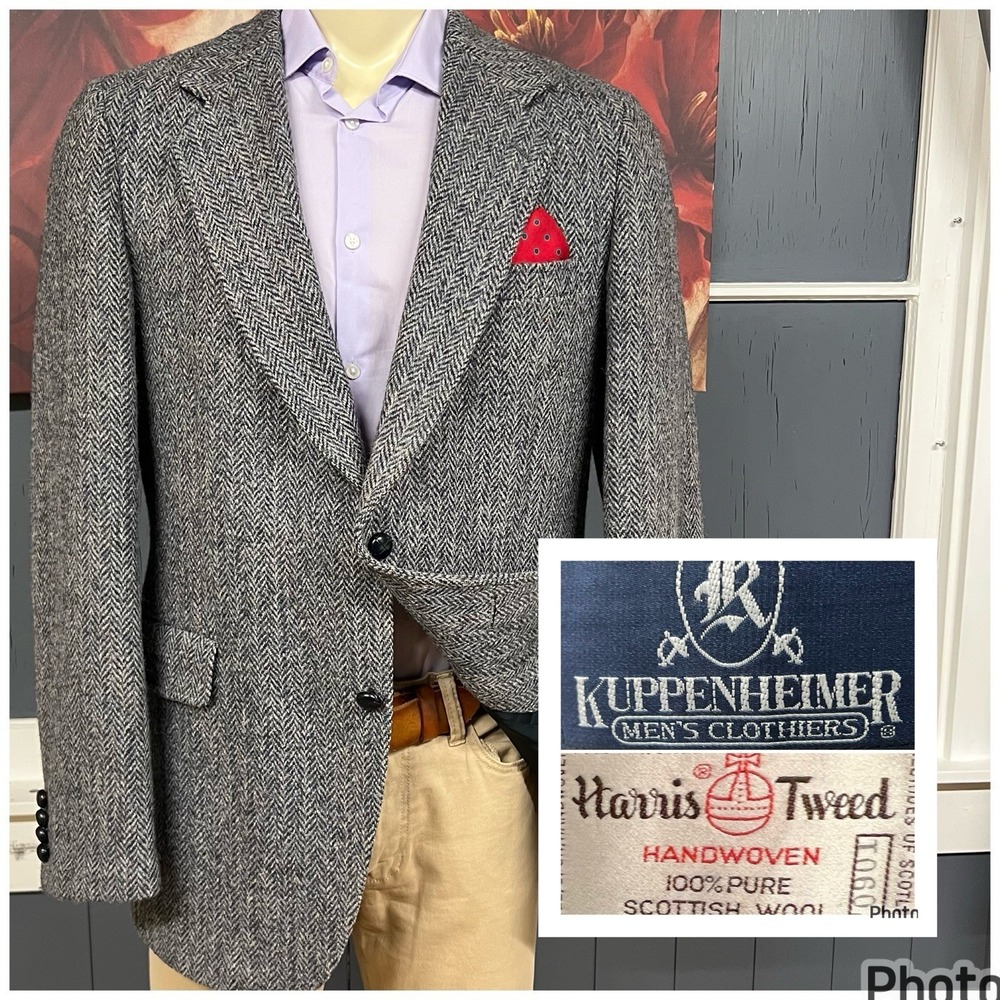 Vintage Harris Tweed Blazer Mens 42L Long Slim Fit Wool Herringbone Navy/Gray